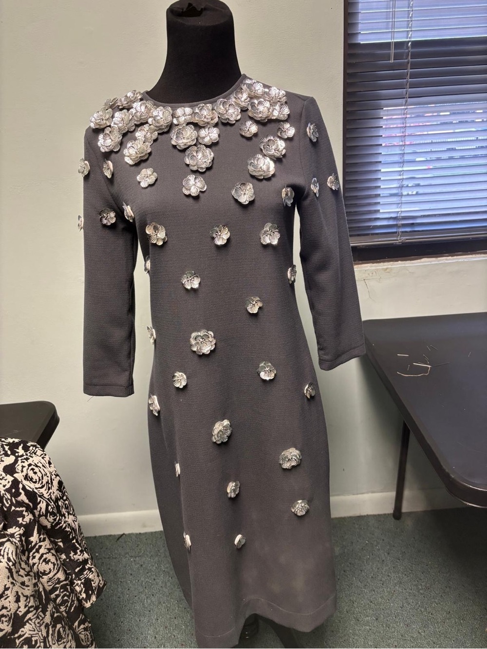 Embellished Charcoal Gray Flower Appliqué Dress